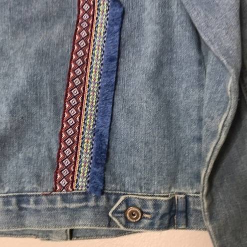 Boom Boom Jeans Embroiled denim jacket with pom poms button up fall winter size medium