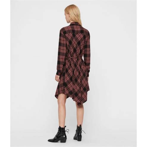 ALLSAINTS  Tala Red Check Plaid Asymmetric Hem Button Shirt Dress XS