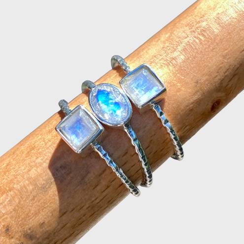 Sterling Silver Rainbow Moonstone Stacker Ring Trio - Sz 6