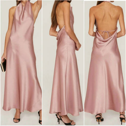 Vince NEW $495  Open back Satin Halterneck Maxi Dress in Baby Pink