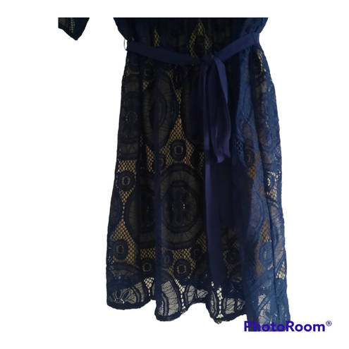 Chelsea and Violet  Women's Blue Lace Overlay Belted Dress 