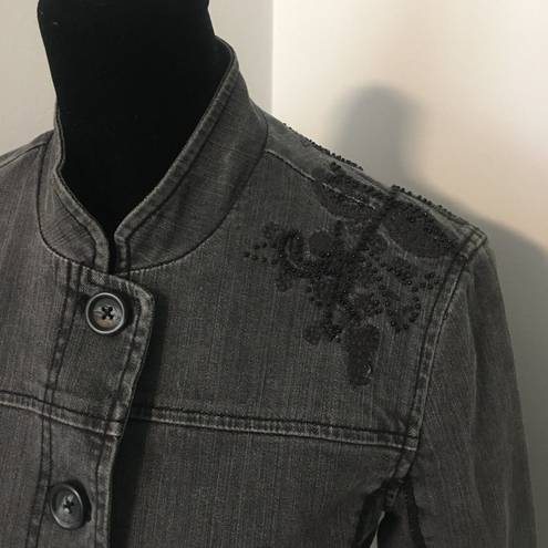 Coldwater Creek  Boho Black Gray Beaded Embroidered Denim Jacket Blazer Petite 6