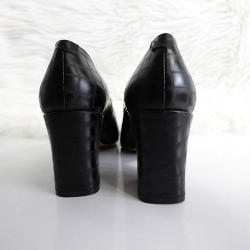 Via Spiga  90s Vintage Black Croc-Embossed Square Toe Leather Heeled Loafers