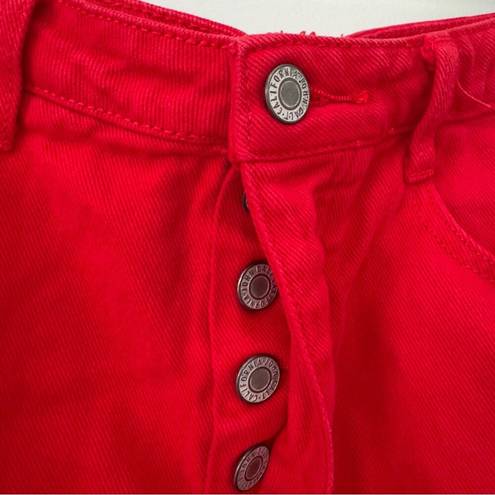 Brandy Melville John Galt  Red Denim Jean Mini Skirt Raw Frayed Hem Button Fly S