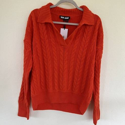 DKNY  Jeans Cable Sweater Knit V-Neck Long-Sleeve XLARGE Orange Tangerine