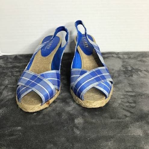 Ralph Lauren Lauren  Womens CAMARA Blue Plaid Wedge Slingback Sandals Size 10 B