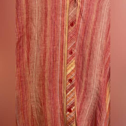 Coldwater Creek -Orange Peach Yellow Striped Long Sleeve Linen Button Top XL