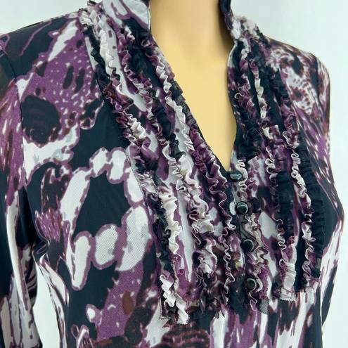 August Silk  (S) Sheer Purple Ruffle Pop Collar Mesh Knit Blouse Top Shirt