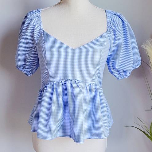 English Factory Nordstrom,  New Blue Gingham Peplum Puff Sleeve Top Size Small