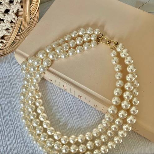 American Vintage Vintage “Morgana” Gold Hook Clasp Three Strand Pearl Necklace Chunky Statement