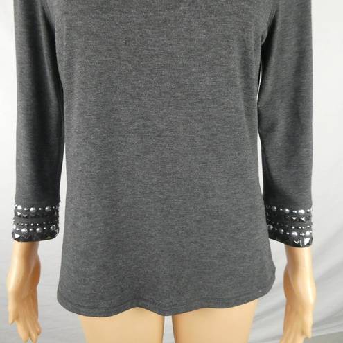 Alberto Makali  Grey V Neck 3/4 Sleeve Studded Rhinestone Blouse Embellished Med