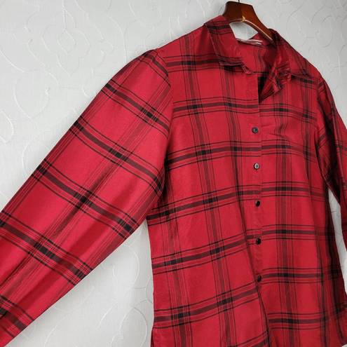 Coldwater Creek  Womens Shirt Size M Red Holiday Plaid Silk Lightweight Button Up