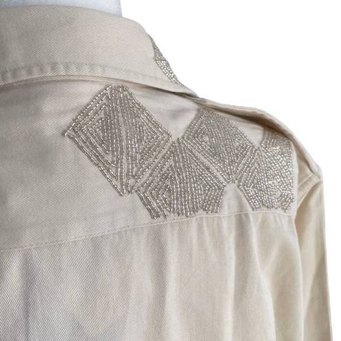 Polo  Ralph Lauren Beaded Embellished Button Down Shirt Cream Western Oxford Size