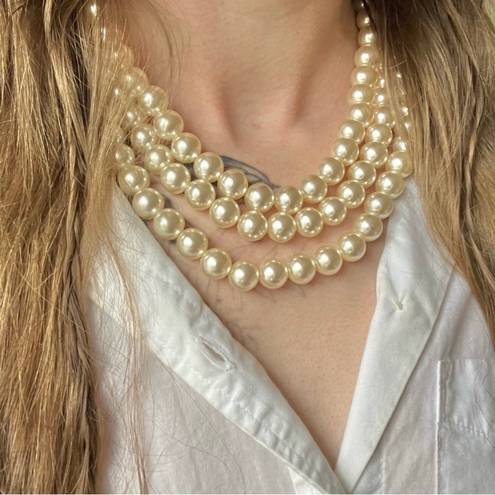 American Vintage Vintage “Morgana” Gold Hook Clasp Three Strand Pearl Necklace Chunky Statement