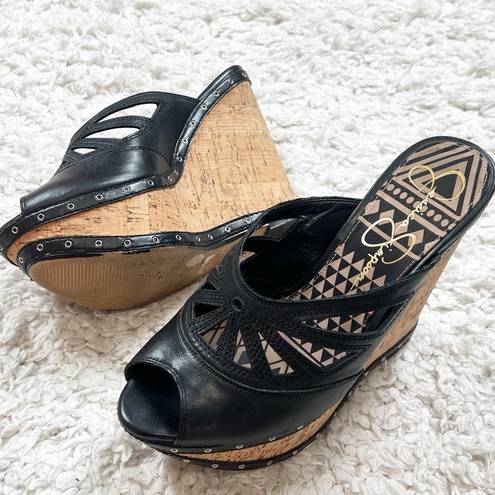 Jessica Simpson  Kayla Platform Wedge Sandals Open Toe Black Leather 9.5 Slip On