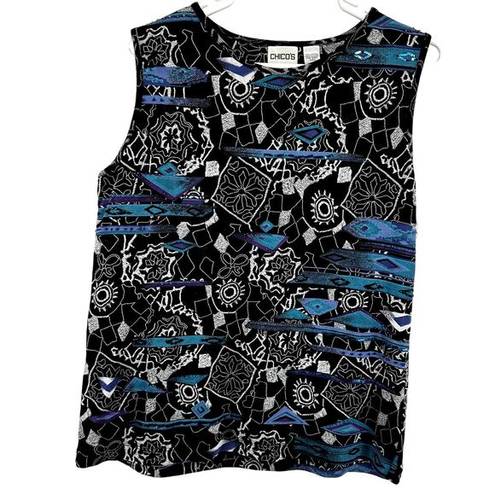 Chico's  Abstract Print Tank Top Round Neck Pullover Sequin Black Blue 2 Large