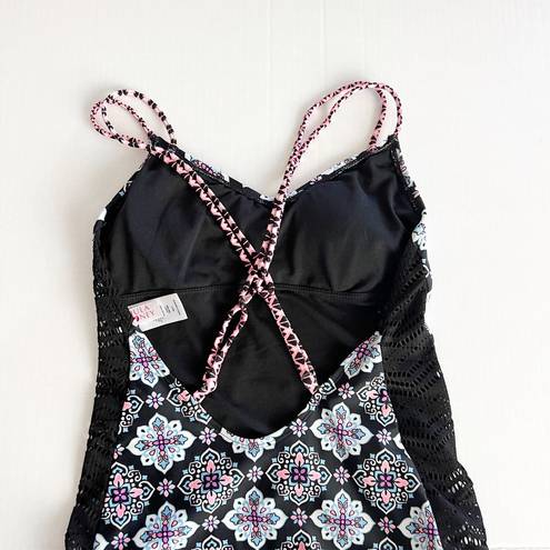 Hula Honey [] Black Gypsy Deco Lace Geometric Print One Piece Swimsuit Sz Small S