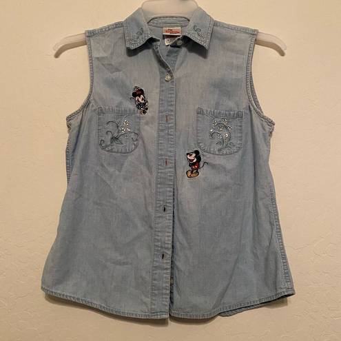 Disney  Store Shirt Medium Mickey Mouse Embroidered Button Sleeveless Denim