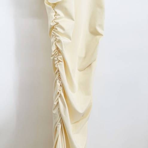 Micas NEW  Ruffled Hem Slit Maxi Dress Stretch Bodycon in Cream Small