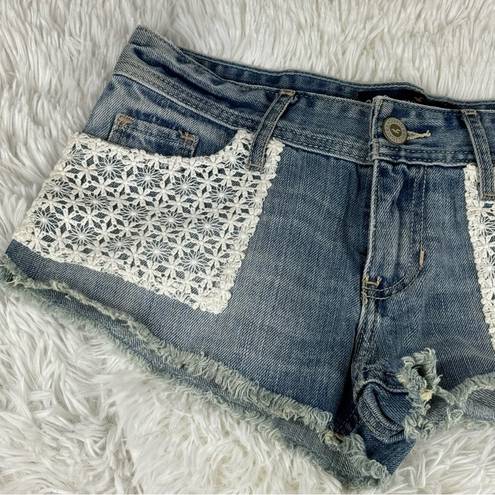 Hollister  Short-Short Low Rise Lace Pocket Raw Hem Blue Denim Jean Shorts 00 New