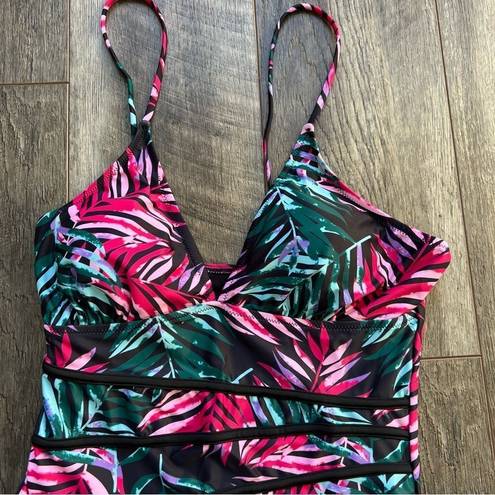 Beachsissi  NWT One Piece Swimsuit Size Large Black Pink Green Tropical Palm