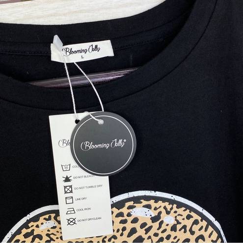 Blooming Jelly  Leopard Lips Graphic Print T-shirt Black Peach Large