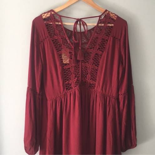 American Eagle  AE Midi A Line Long Sleeve Tassel Cut Out Dress