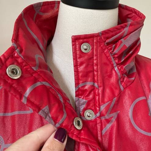 Vintage 80s Faux Leather Geometric Shape Oversized Coat Jacket Red Grey L Size L