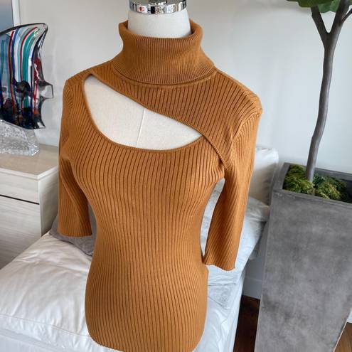 DKNY Ribbed Cut Out Turtleneck Top in Brown - FREE SHIP