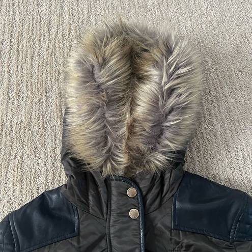 BCBGeneration  Dark Olive Quilted Winter Coat with Furry Hood