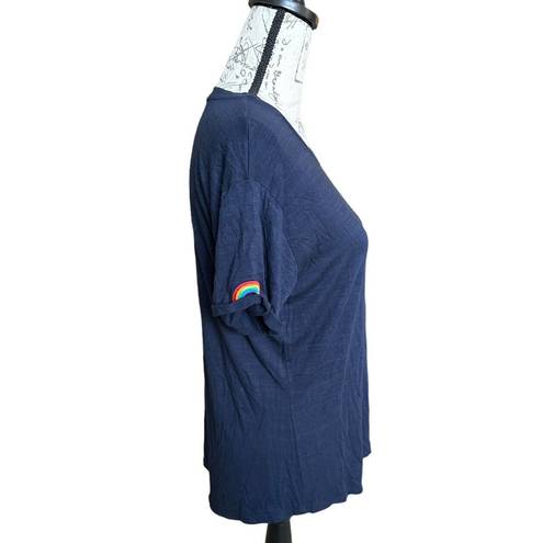 W5 New  Juniors Short Rolled Sleeve T-shirt Navy Blue Rainbow Patches Medium