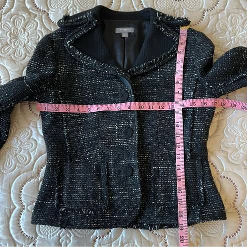 Ann Taylor  Wool Blend Tweed Black Fringed Blazer Jacket Size 2 Petites