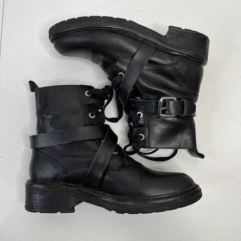 All Saints Size 36 5 Combat Boots Black Leather Criss Cross Buckle Strap READ