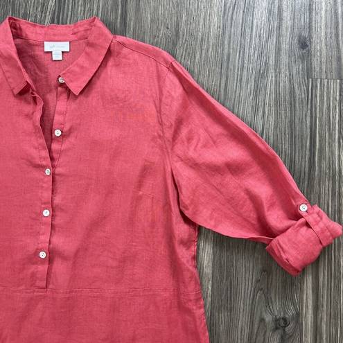 J.Jill  Love Linen Red Long Sleeve Roll Tab Button Blouse Size Large Petite