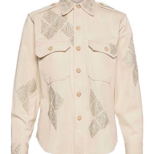 Polo  Ralph Lauren Beaded Embellished Button Down Shirt Cream Western Oxford Size