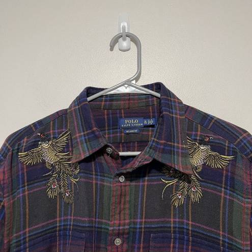 Polo  Ralph Lauren Embroidered Peacock Plaid Relaxed Fit Button Down Blouse XL