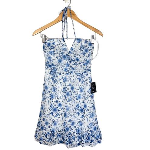 Lulus NEW  Stunning Shine White Blue Floral Print Halter Mini Dress XS NWT