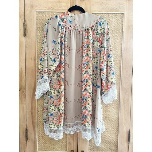 Saved by the Dress Floral Kimono Robe Duster Taupe Tan Size Large Cover Up Boutique