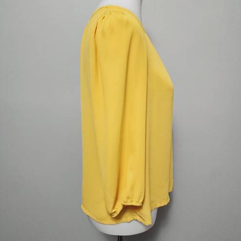 Ny&co 7th Ave NY& Yellow Ruched Crew Neck Button Back ¾ Sleeve Blouse Size Medium