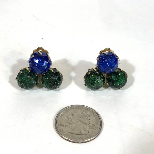 Vintage Blue  And Green Earrings, Gold Tone Clip On Faceted Plastic Glitter Beads