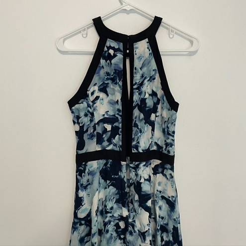 Parker  Nika Keyhole Dress Blue Floral Black Trim Sleeveless SILK Mini Fit Flare