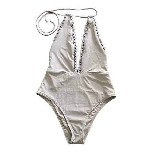 Aerie -DEEP V ONE PIECE SWIMSUIT-SIZE MEDIUM Gorgeous gray color deep V one piece swimsuit, open back, lace trim, halter tie top, excellent condition  Waistband measures 13-14 inches side to side