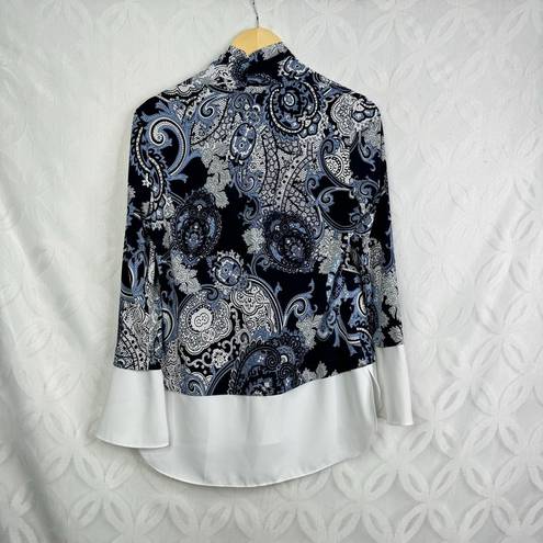 Joseph Ribkoff  Paisley Tuxedo Collar V-neck Trumpet Sleeve Blouse Size 10