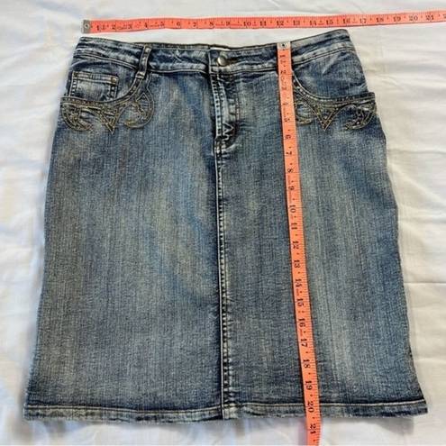 Cache  Women's Jean Skirt Western 10 Knee Length Medium Wash Modest Casual