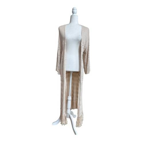 Lush Clothing LUSH Light Beige Long Sleeve Open Knit Fringe Trimmed Women Size S Long Cardigan