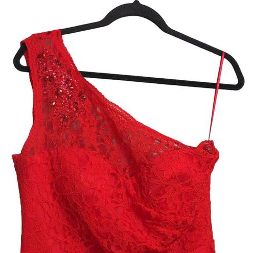 Oleg Cassini  Womens Sheath Dress Red One Shoulder Sleeveless Lace Party Sexy 8