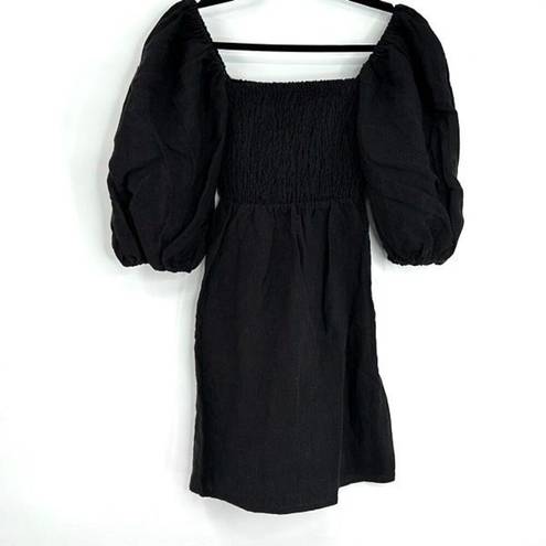 Tuckernuck  Womens Black Linen Annie Smocked Puff Sleeve Mini Dress Size XS