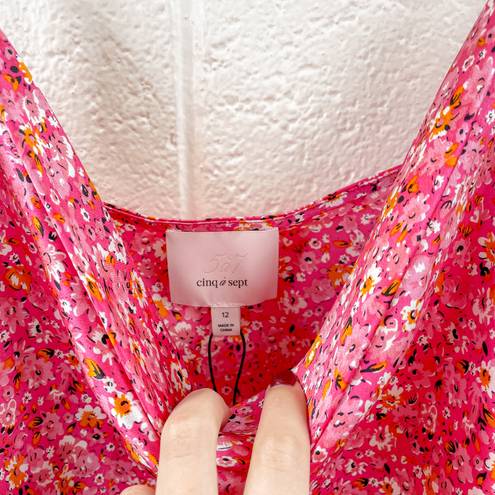 Cinq à Sept NWT Cinq A Sept Astrid Ditsy Satin Cocktail Dress Pink Floral Mini Ruching 12