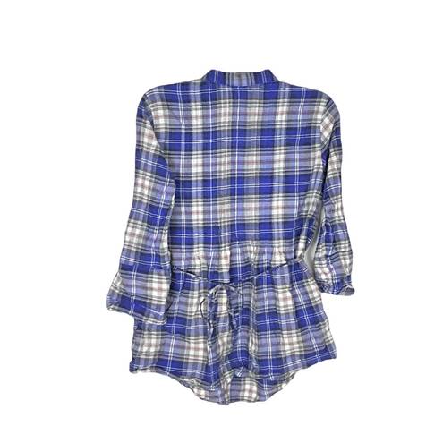 Miley Cyrus Blue, Black, Red, White Plaid Button Adj Sleeve Shirt w Tie In Back Women L