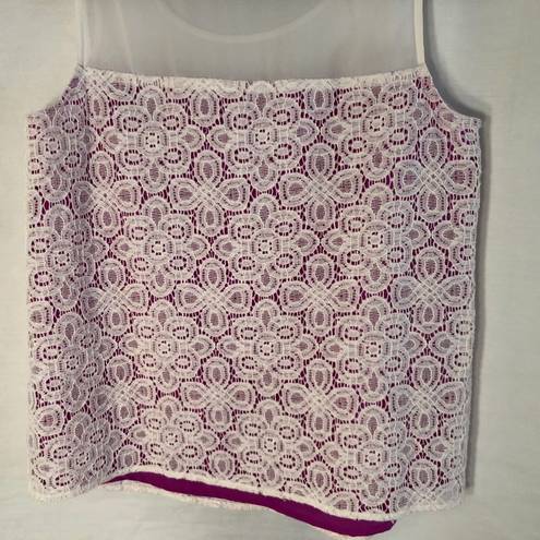 Cynthia Steffe  XS Tank Top Purple White Lace Silhouette Lined Semi Sheer 544